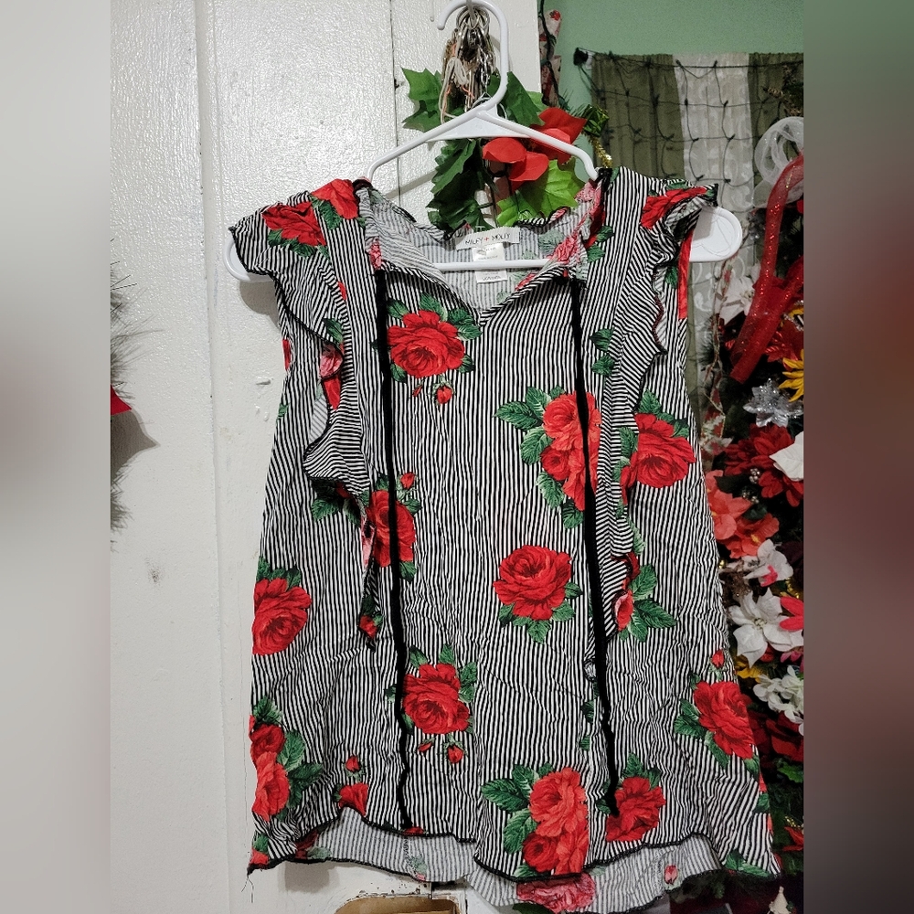 a'gaci Red Floral Black and White Striped Blouse